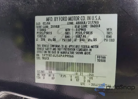 2004 Ford Ranger Edge/Tremor/Xl/Xlt z USA, uszkodzony, nr VIN 1FTYR14U54PA99066